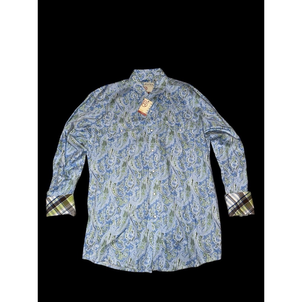 Roper Western Snap Shirt Mens L Blue Paisley Long Sleeve Plaid Cuff Contrast